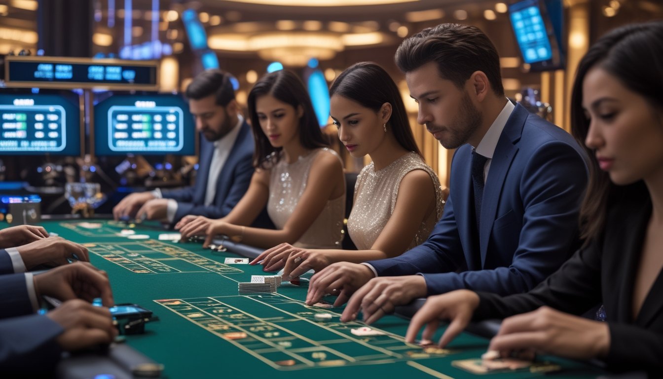 Beberapa pemain sedang bermain baccarat di beberapa meja dalam suasana kasino modern dengan teknologi canggih.