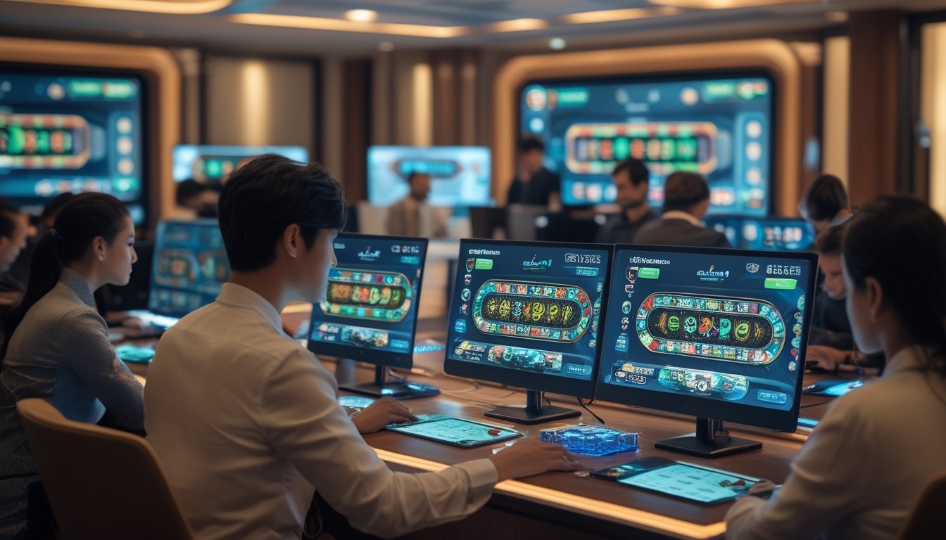 Beberapa pemain yang fokus bermain baccarat online dengan beberapa meja permainan ditampilkan di layar komputer di ruangan modern.