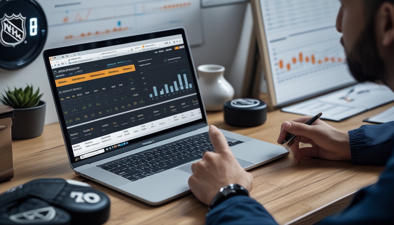 Meja kerja dengan laptop yang menampilkan statistik NHL, bola hoki, sarung tangan hoki, dan tangan seseorang yang sedang menganalisis data.