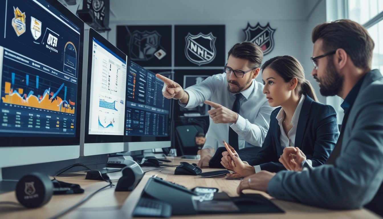 Sekelompok profesional sedang menganalisis statistik NHL di kantor dengan layar komputer yang menampilkan grafik dan data hoki.
