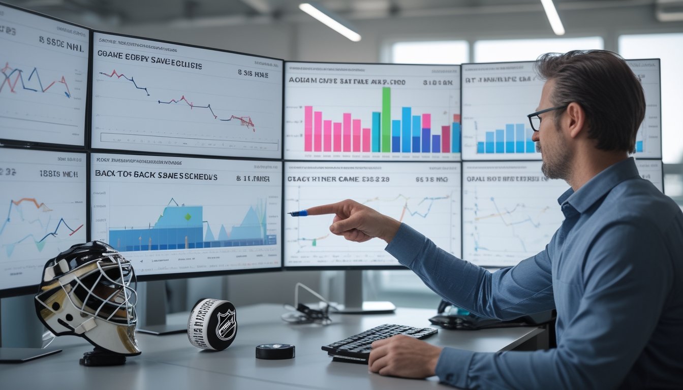 Seorang analis olahraga sedang menunjukkan grafik statistik penyelamatan kiper NHL di sebuah meja kerja dengan beberapa monitor dan perlengkapan hoki di sekitar.