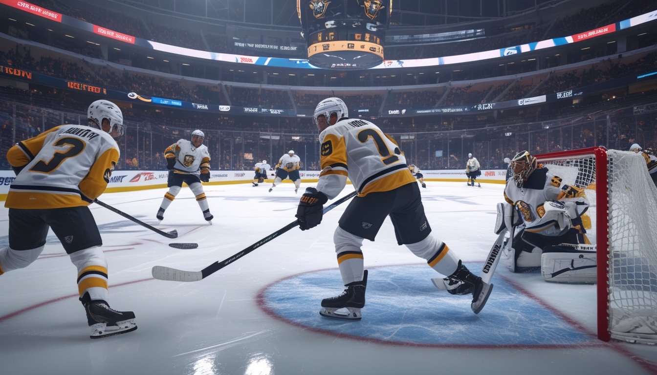 Pertandingan hoki NHL sedang berlangsung dengan pemain yang mengambil kesempatan dalam situasi power play di arena yang penuh penonton.