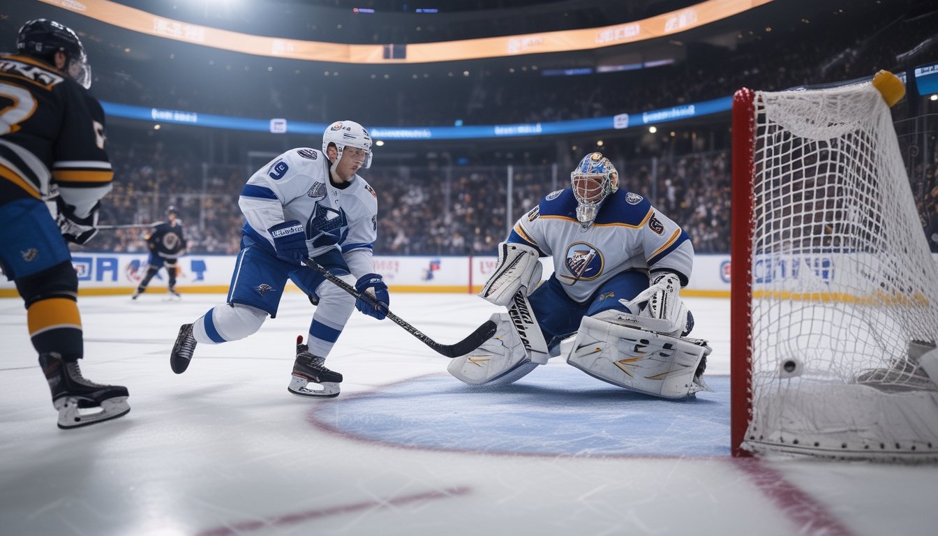 Pertandingan hoki es NHL yang intens dengan pemain yang sedang melakukan tembakan kuat ke gawang saat situasi power play.