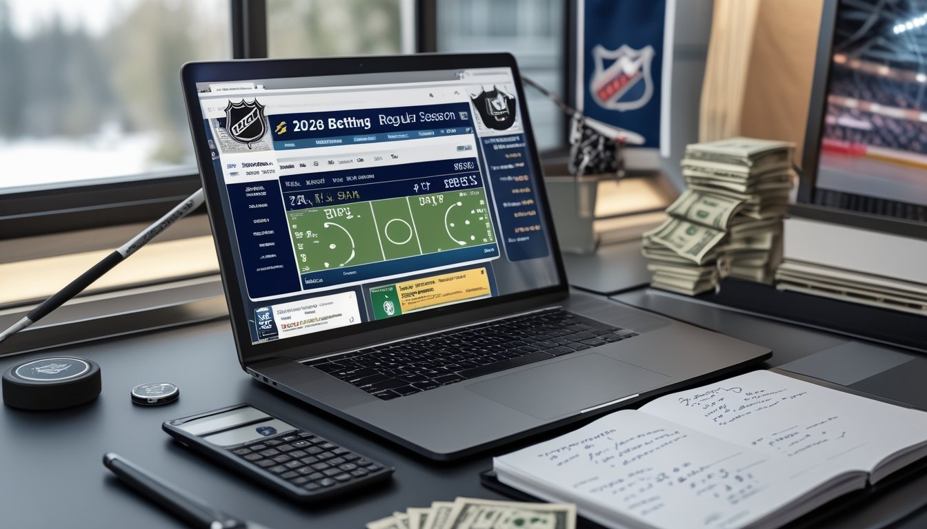 Meja kerja dengan laptop, smartphone, catatan, uang tunai, dan alat hitung yang menunjukkan pengelolaan keuangan untuk taruhan NHL.