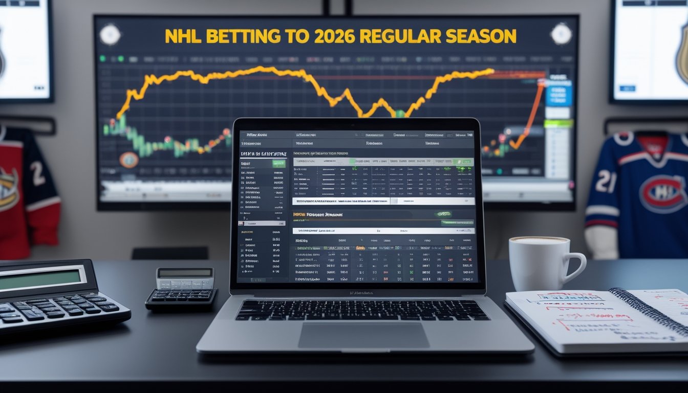 Meja kerja dengan laptop, kalkulator, catatan strategi, dan layar besar yang menampilkan grafik dan statistik terkait taruhan NHL.