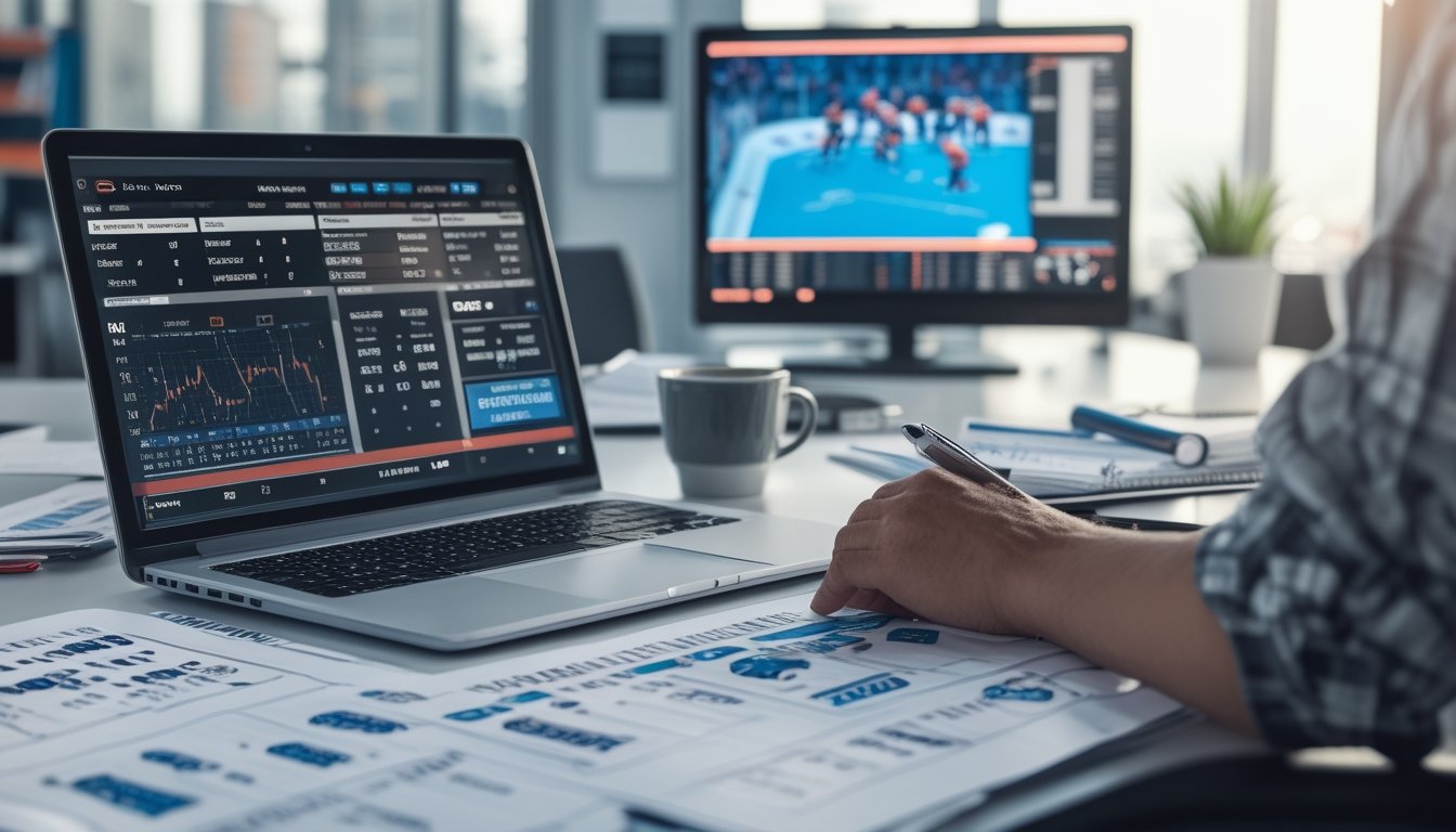 Meja kantor dengan laptop yang menampilkan grafik taruhan hoki NHL dan monitor yang menayangkan pertandingan hoki langsung.