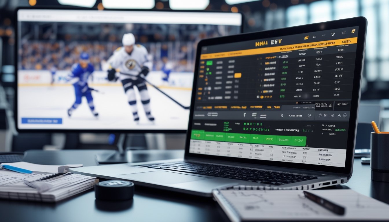 Seorang analis taruhan olahraga sedang melihat laptop dengan data taruhan NHL, dikelilingi oleh peralatan hoki seperti puck dan stik hoki, dengan pertandingan NHL ditampilkan di layar besar di latar belakang.