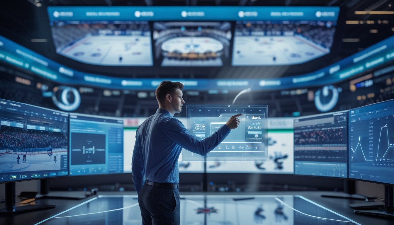 Seorang analis olahraga sedang menggunakan layar sentuh digital dengan grafik prediksi dan statistik hoki es, dengan pertandingan hoki es berlangsung di latar belakang.