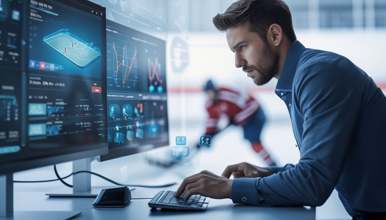 Seorang analis data sedang bekerja dengan beberapa layar komputer yang menampilkan grafik dan model prediksi terkait taruhan hoki es, dengan latar belakang gambar arena hoki es yang samar.