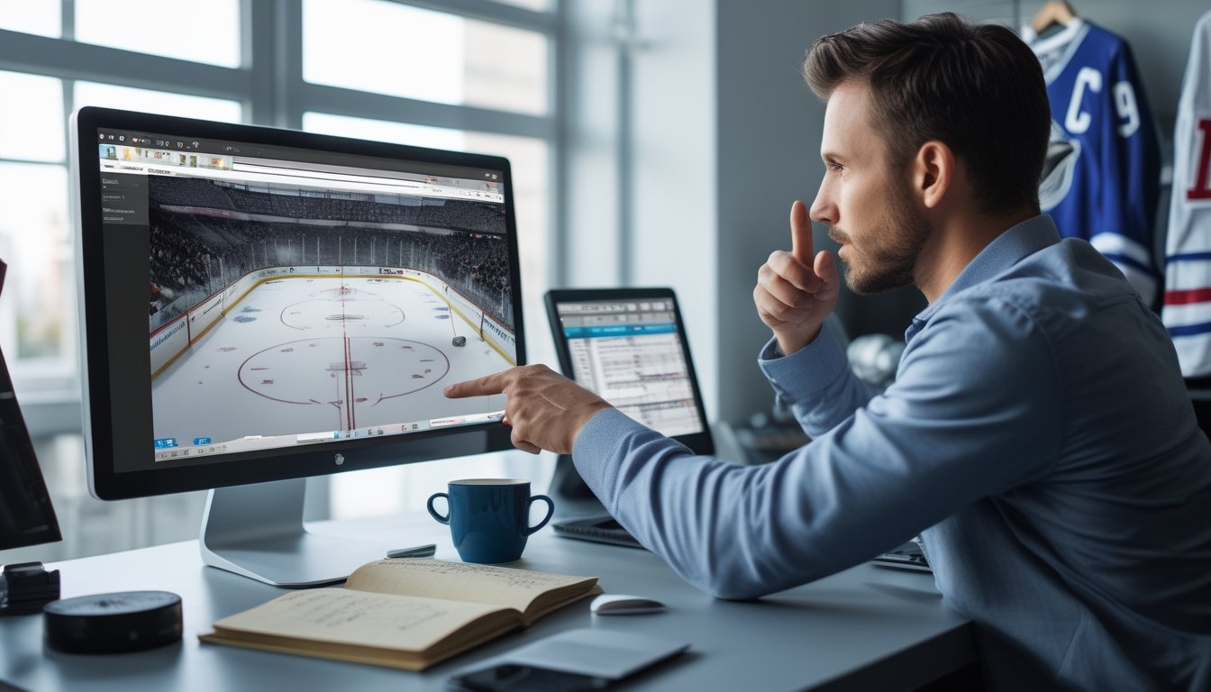 Seorang analis olahraga sedang melihat laporan cedera NHL di depan komputer di ruang kerja yang terang dan rapi.