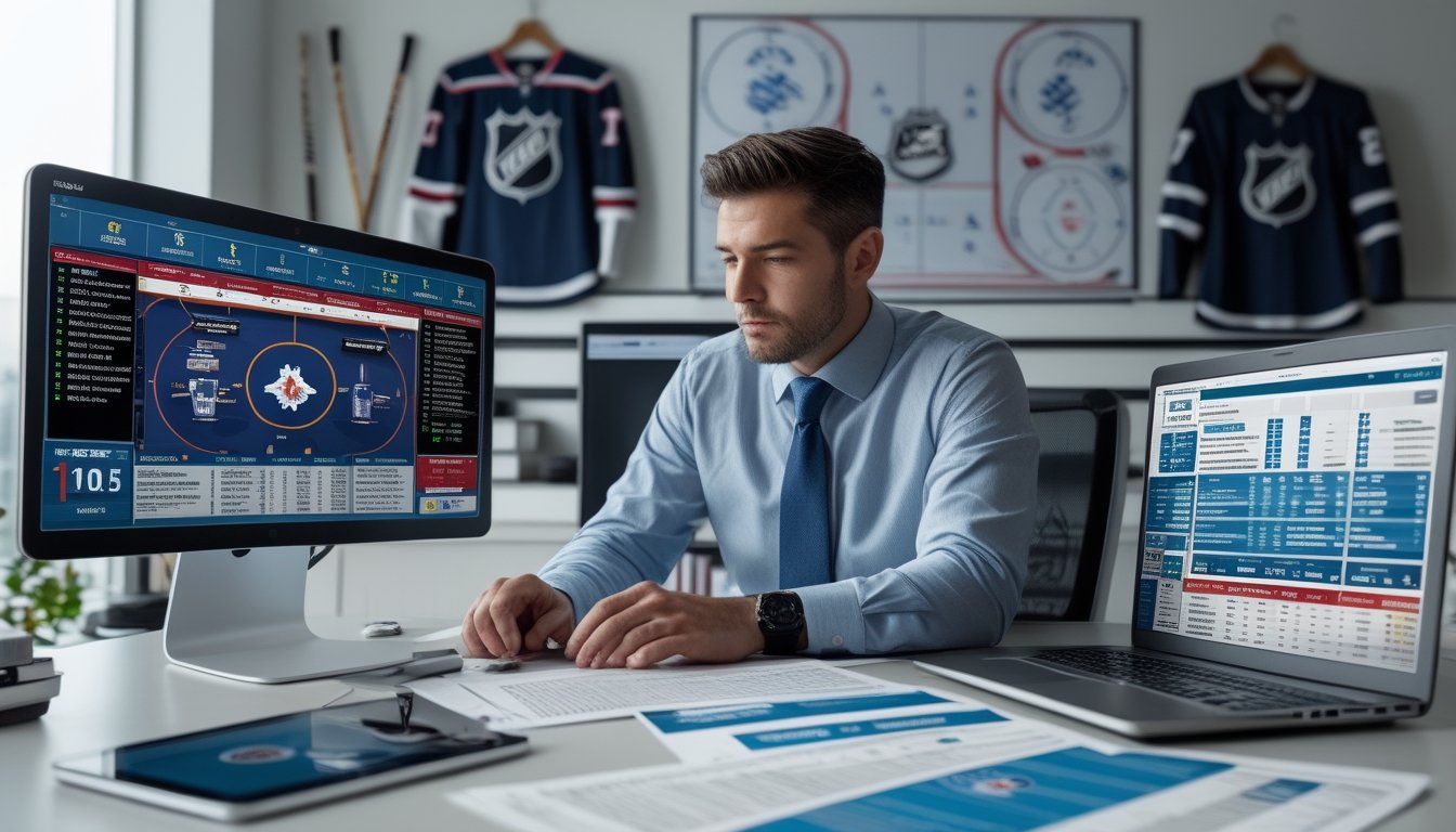 Seorang analis olahraga sedang memeriksa laporan cedera NHL di beberapa layar komputer di sebuah kantor modern.