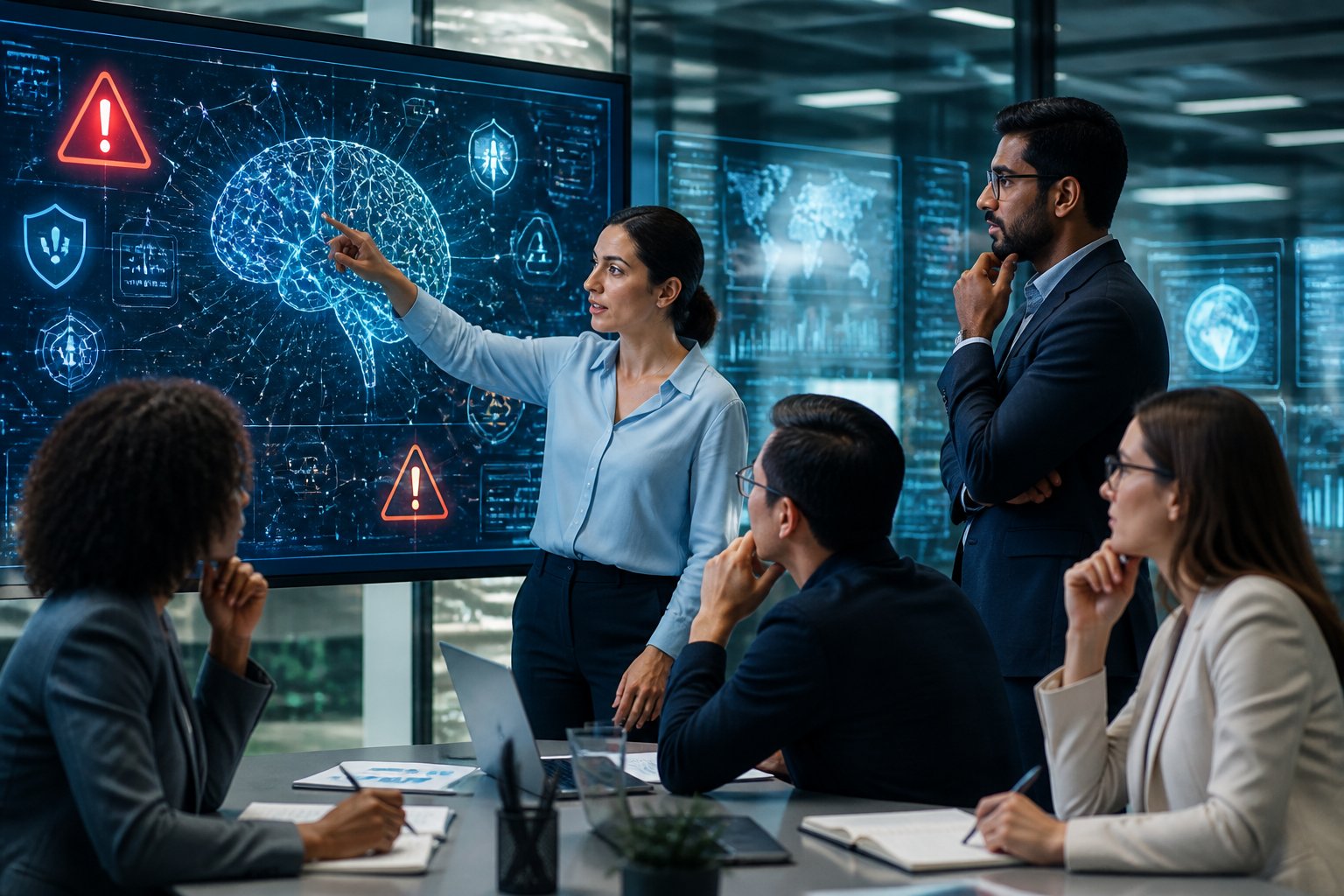 A group of professionals discussing AI risks and responsible use around a digital screen showing AI visuals in a modern office.