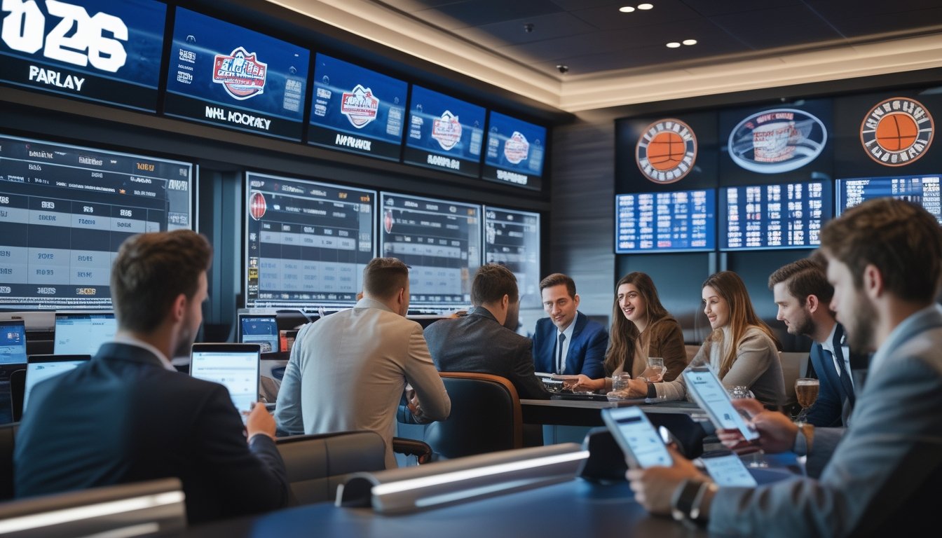 Sekelompok orang di ruang taruhan olahraga modern sedang melihat layar besar yang menampilkan pertandingan hoki NHL dan pasar taruhan olahraga lainnya.
