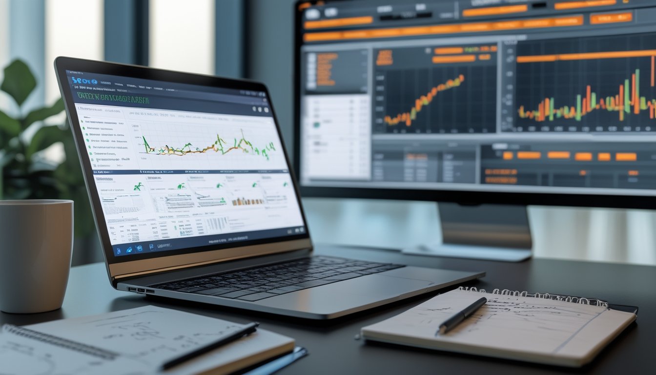 Seorang analis duduk di depan laptop dengan grafik dan statistik pertandingan sepak bola Piala Dunia 2026, di meja terdapat catatan dan kopi, latar belakang menampilkan layar besar dengan data pertandingan.