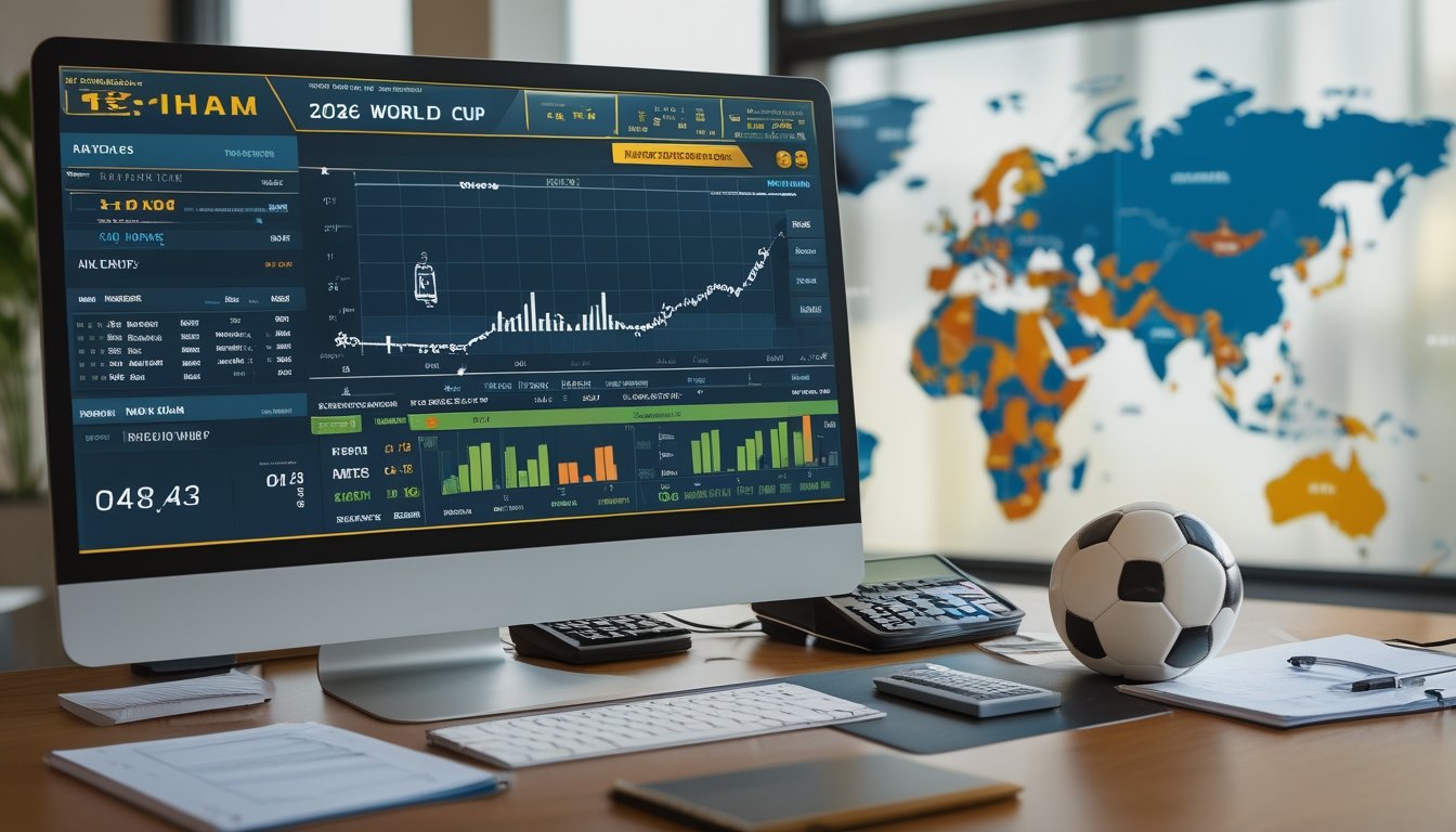 Meja kerja dengan komputer yang menampilkan data statistik sepak bola, bola sepak di atas meja, dan peta dunia di latar belakang.