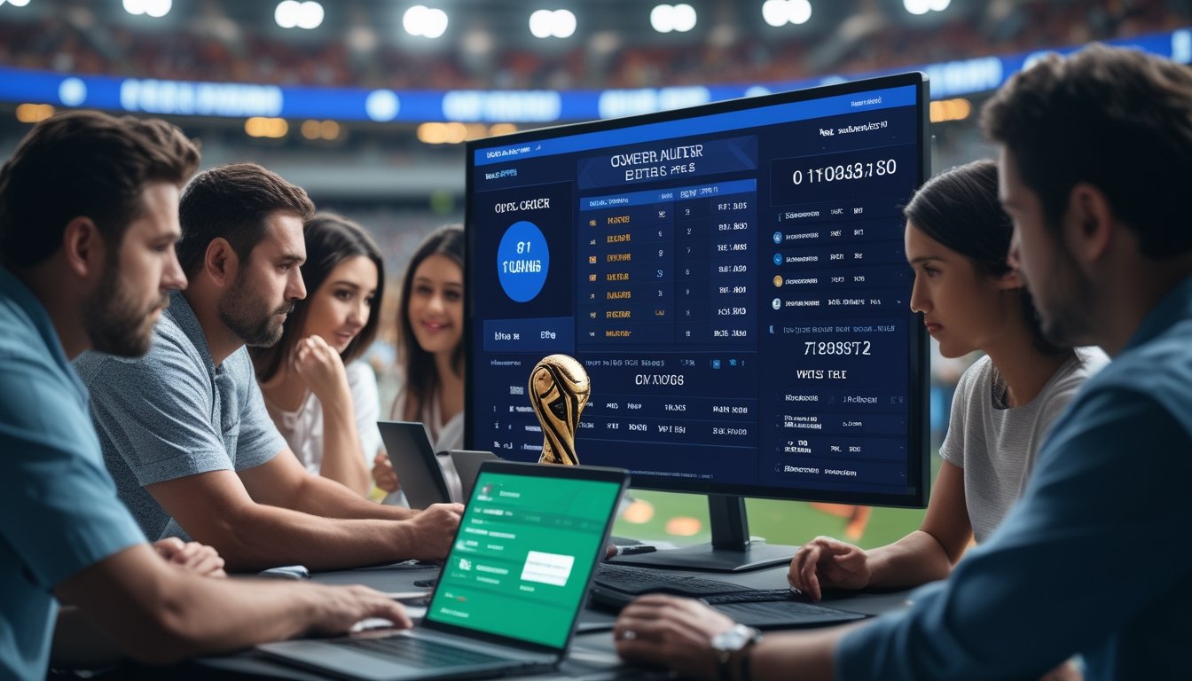 Orang-orang sedang menganalisis data dan memasang taruhan pada layar digital dengan suasana stadion sepak bola di latar belakang.