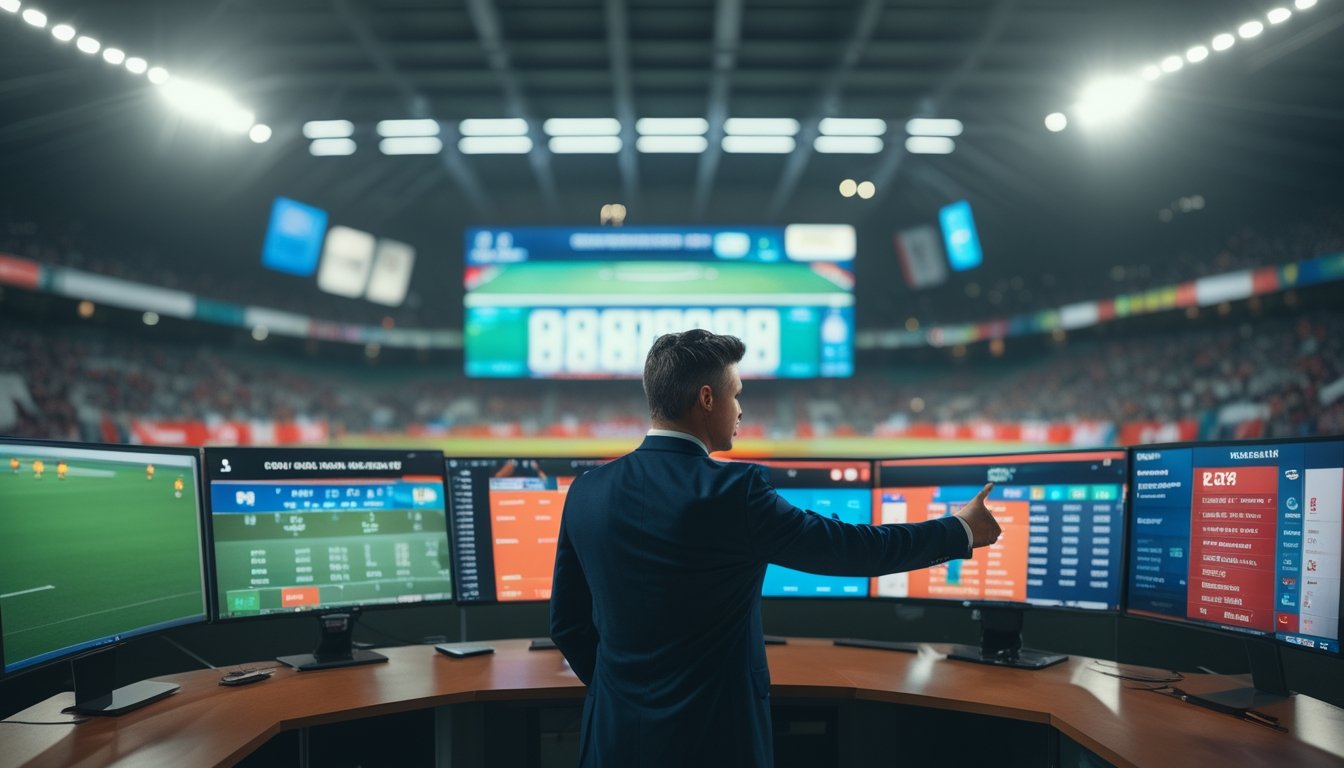Seorang analis olahraga di depan layar digital yang menampilkan statistik dan pertandingan sepak bola Piala Dunia, dengan latar belakang stadion penuh penonton dan papan skor besar.