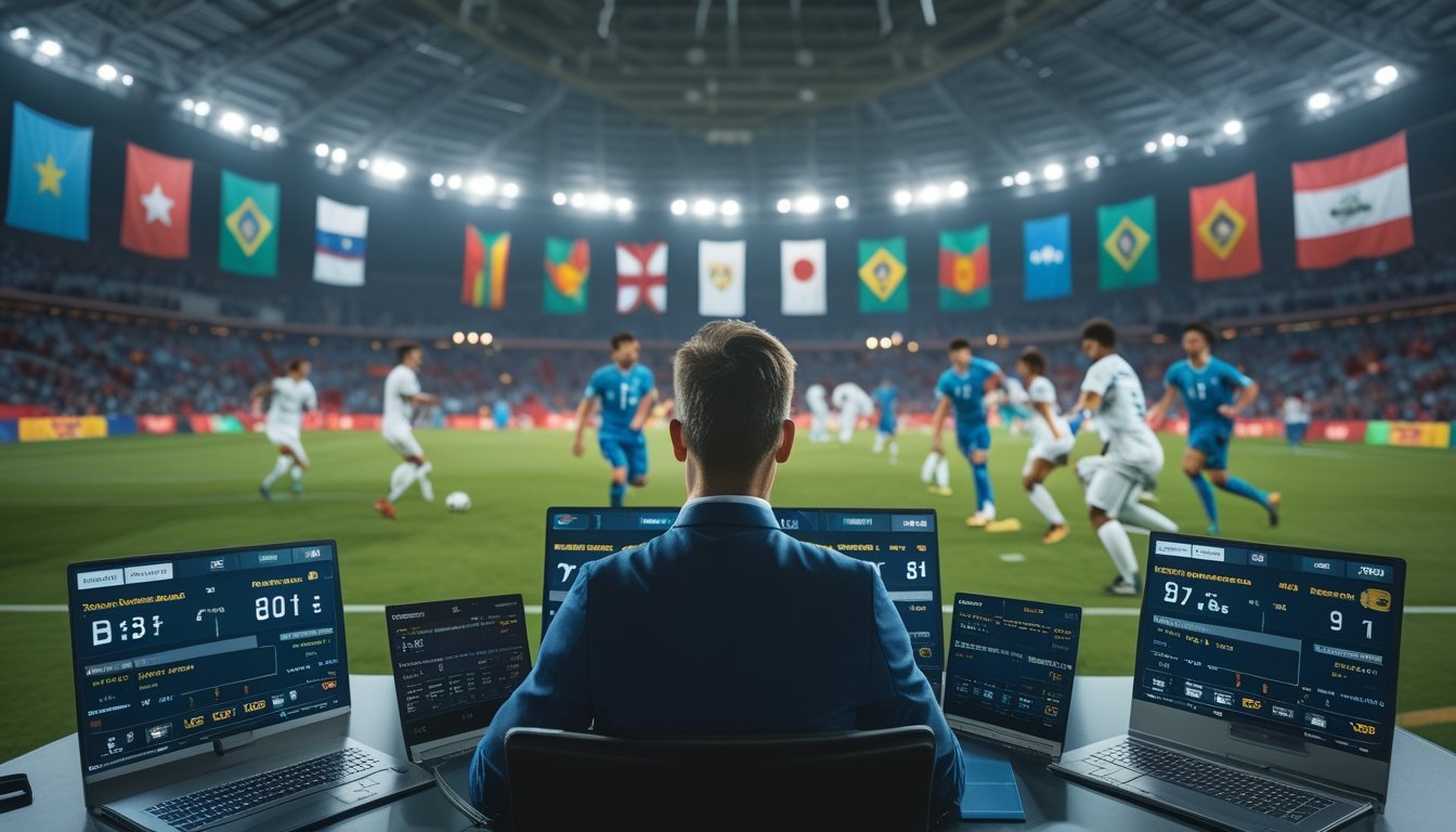 Seorang analis olahraga sedang melihat layar digital dengan statistik pertandingan sepak bola internasional di stadion yang penuh penonton.