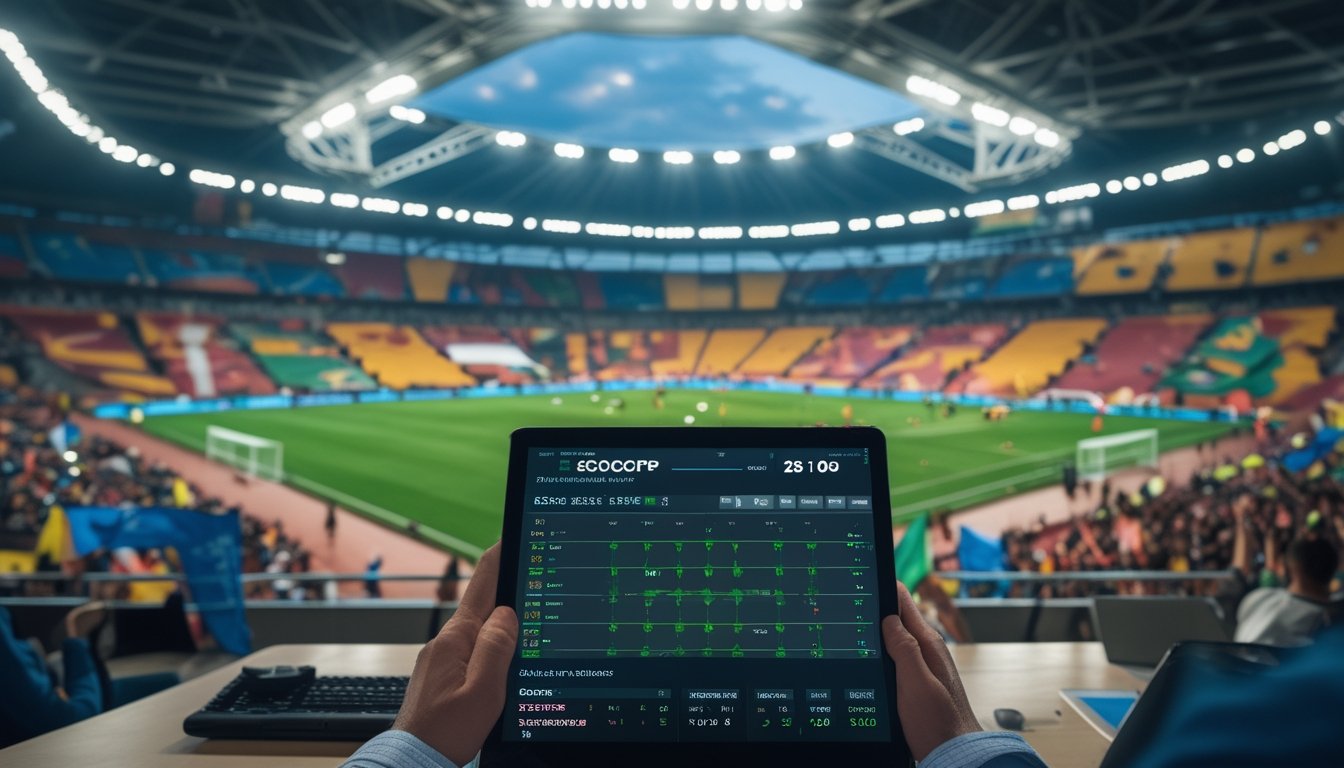 Seorang analis olahraga melihat tablet dengan peluang taruhan saat pertandingan sepak bola internasional berlangsung di stadion penuh penonton.