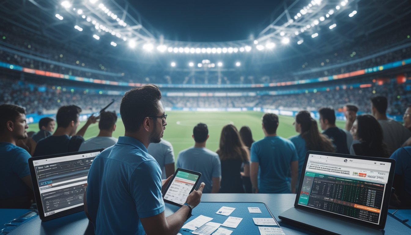 Seorang analis olahraga mempelajari data taruhan handicap di stadion sepak bola saat pertandingan Piala Dunia 2026 berlangsung dengan penonton antusias di latar belakang.