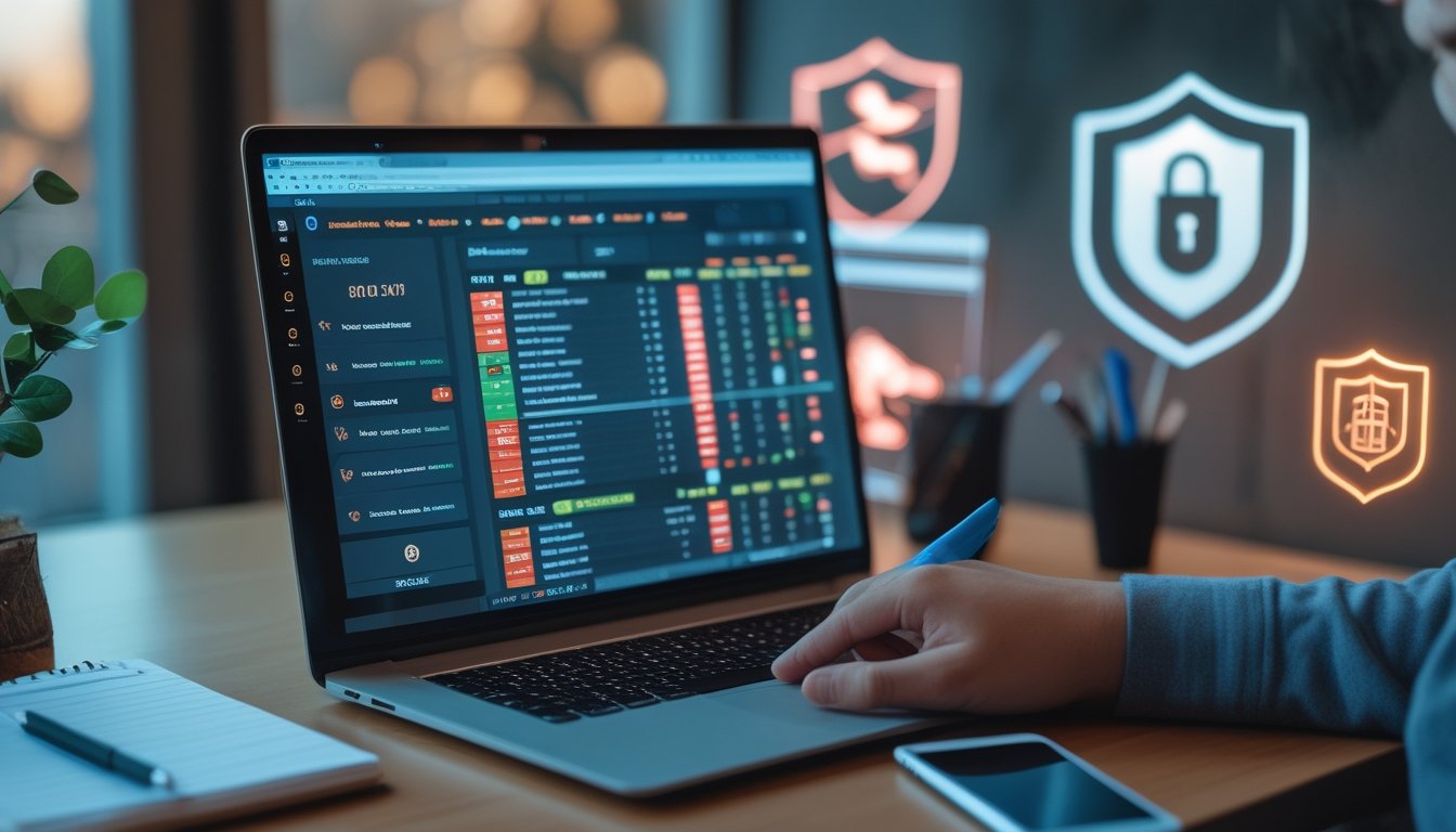 Seorang pengguna duduk di depan laptop dengan situs taruhan bola online terbuka, dikelilingi oleh ponsel dan catatan, menunjukkan aktivitas membaca dan menganalisis pasar taruhan bola secara aman dan terpercaya.