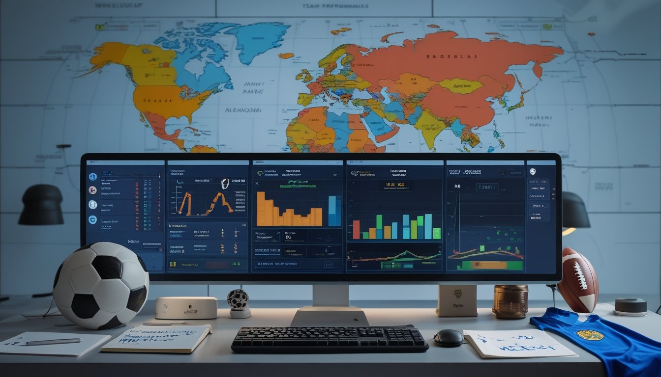 Meja kerja dengan monitor yang menampilkan statistik dan grafik performa tim sepak bola, bola dan jersey tim di sekitar, serta peta dunia di latar belakang.
