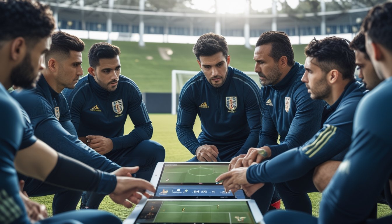 Sekelompok pemain sepak bola dan pelatih sedang berdiskusi dan menganalisis data performa tim di sebuah ruang latihan modern.