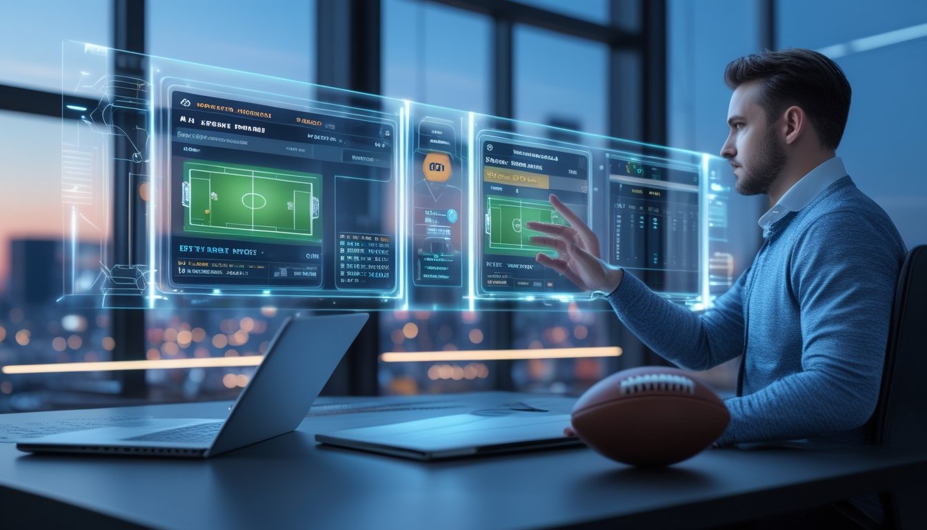 Seseorang sedang menggunakan antarmuka digital futuristik dengan data sepak bola dan taruhan di kantor modern.
