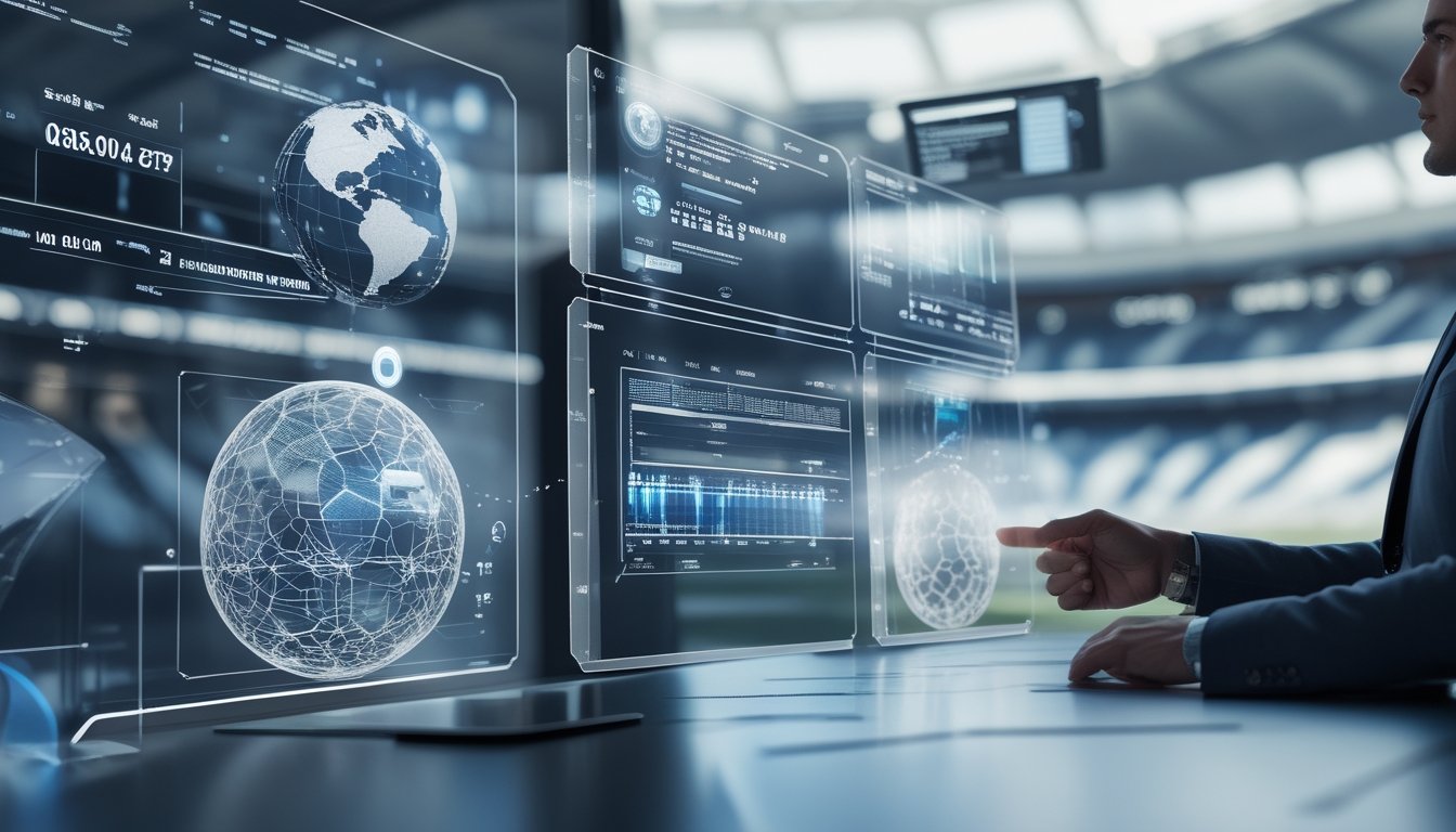 Seseorang menggunakan teknologi AI dengan layar holografik yang menampilkan data pertandingan sepak bola dan prediksi taruhan.