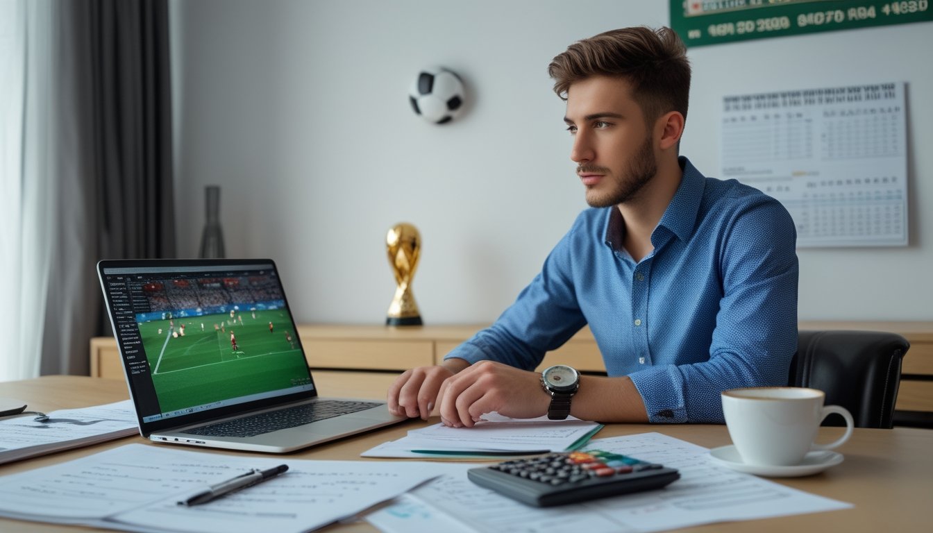 Seorang pria sedang duduk di meja dengan laptop, dokumen keuangan, dan catatan, fokus mengelola modal taruhan bola selama turnamen Piala Dunia.