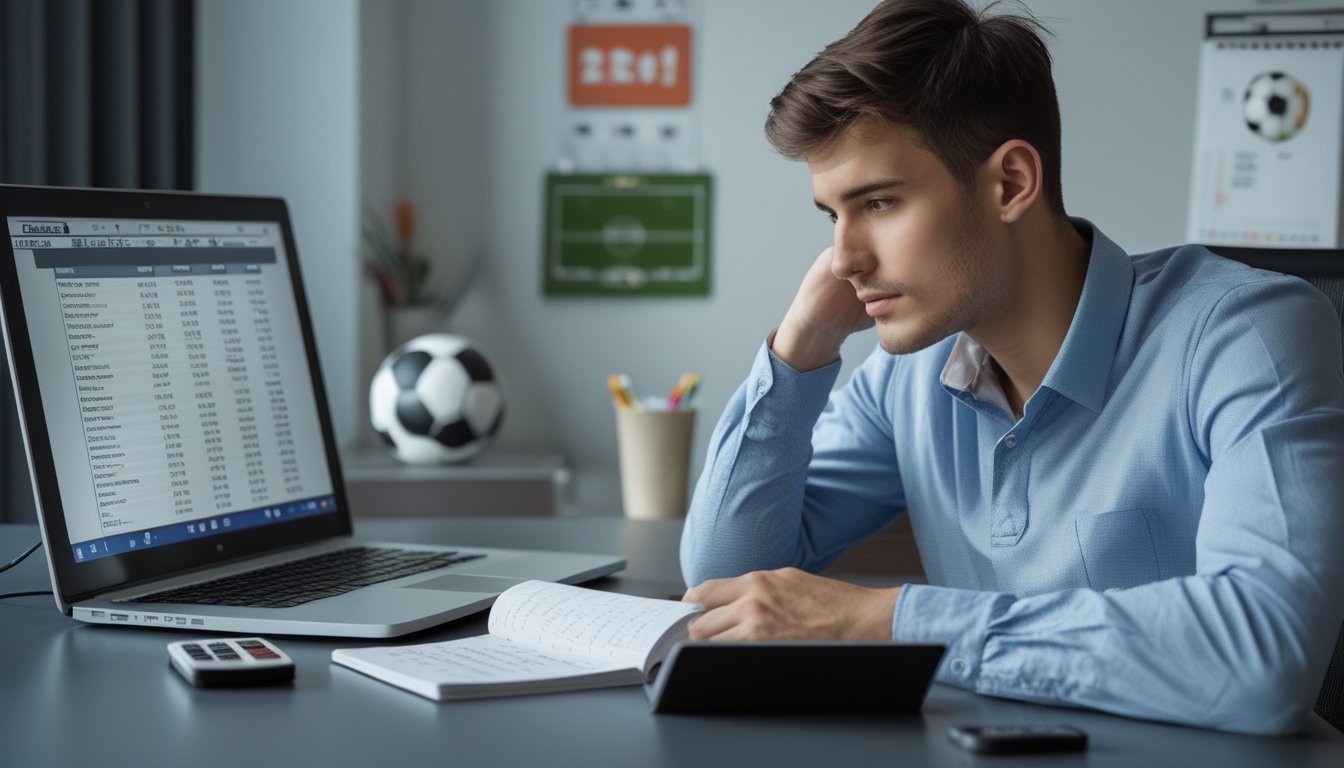 Seorang pria muda duduk di meja dengan laptop, kalkulator, dan catatan, sedang mengelola keuangan terkait taruhan bola selama turnamen Piala Dunia.