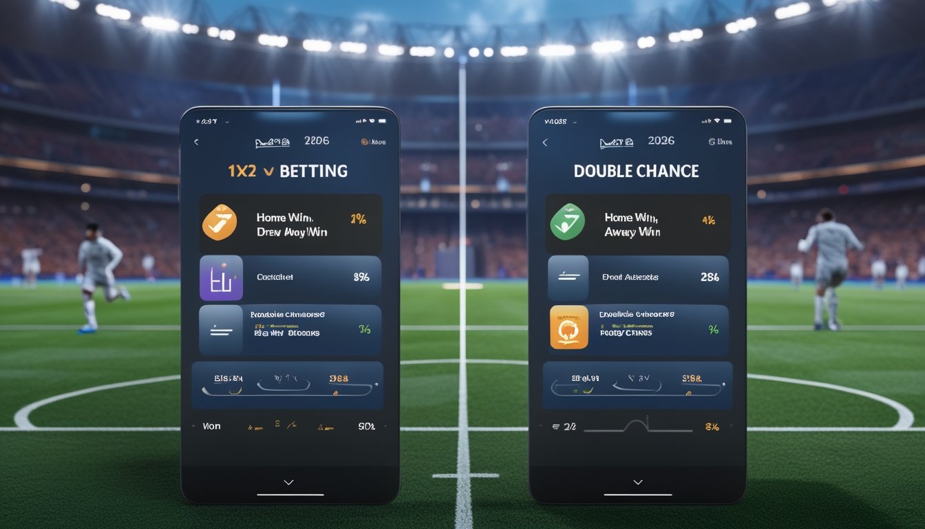 Tampilan antarmuka digital yang menunjukkan opsi taruhan sepak bola 1X2 dan Double Chance dengan latar belakang stadion sepak bola yang sedang berlangsung pertandingan.