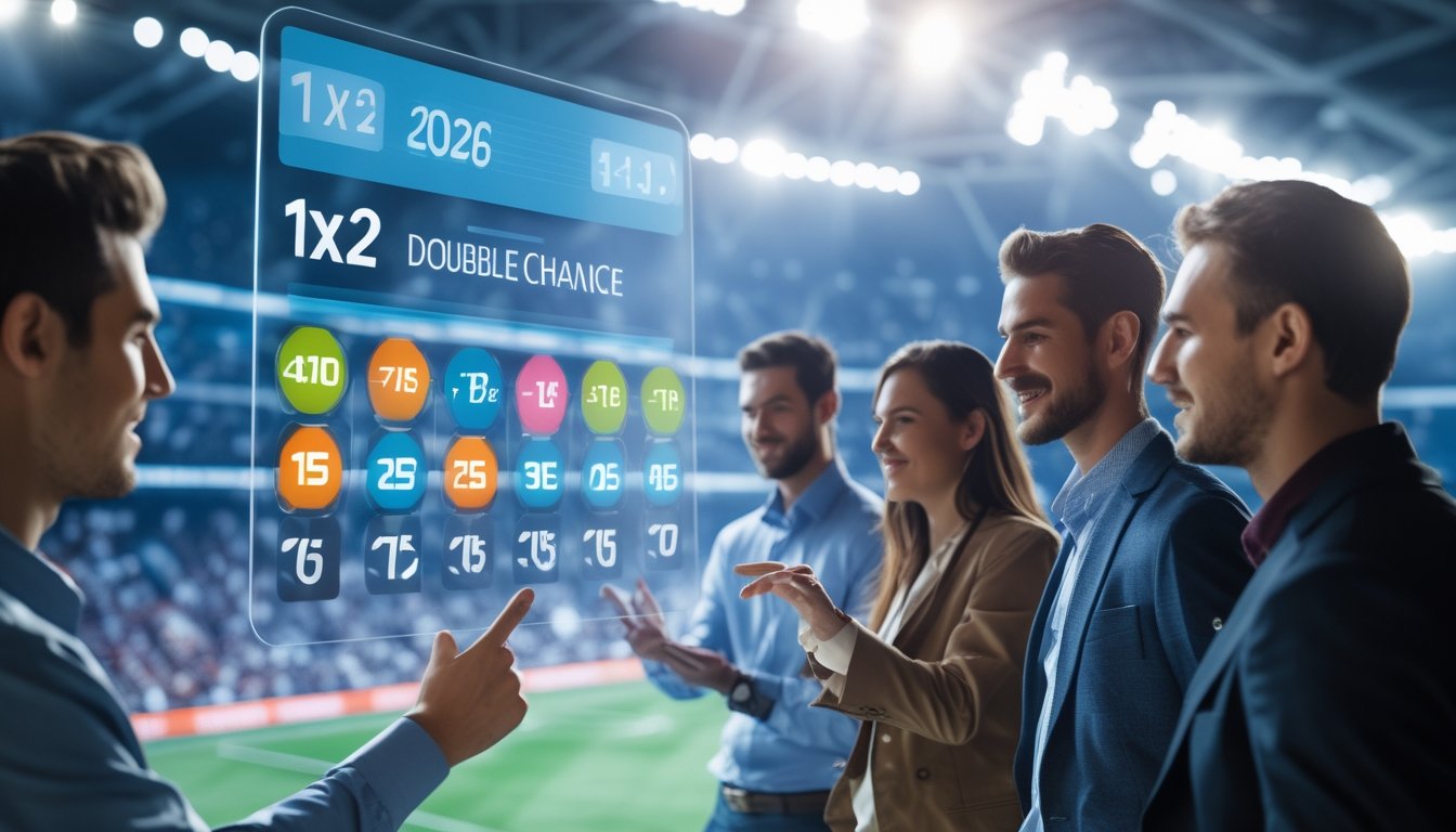 Beberapa orang sedang menggunakan layar sentuh digital untuk menganalisis pilihan taruhan dalam pertandingan sepak bola di stadion yang ramai.