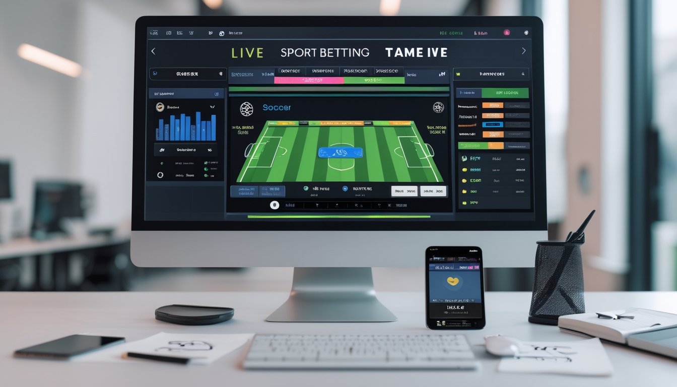 Seorang pria duduk di depan komputer dengan layar menampilkan pertandingan sepak bola dan fitur taruhan langsung.