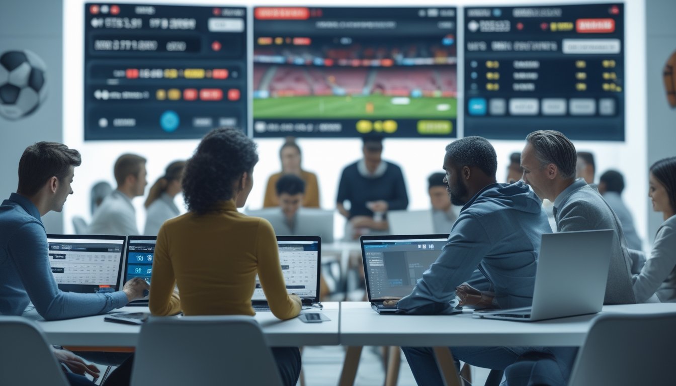 Beberapa orang menggunakan perangkat digital untuk memasang taruhan langsung pada pertandingan sepak bola yang sedang berlangsung.