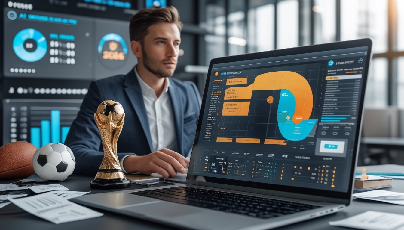 Seorang pria sedang menganalisis data sepak bola di depan laptop dengan bola sepak dan trofi kecil di meja kerja.