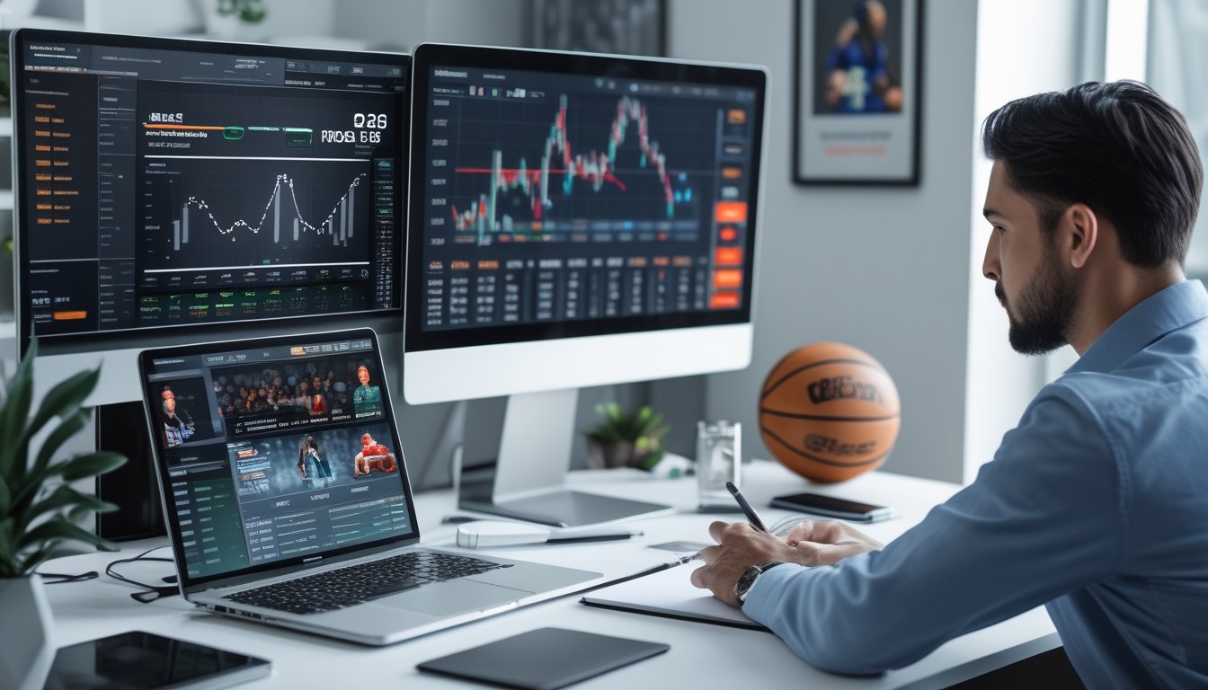 Seorang analis olahraga fokus di meja kerja dengan beberapa layar menampilkan statistik pertandingan NBA dan data taruhan mikro secara real-time.