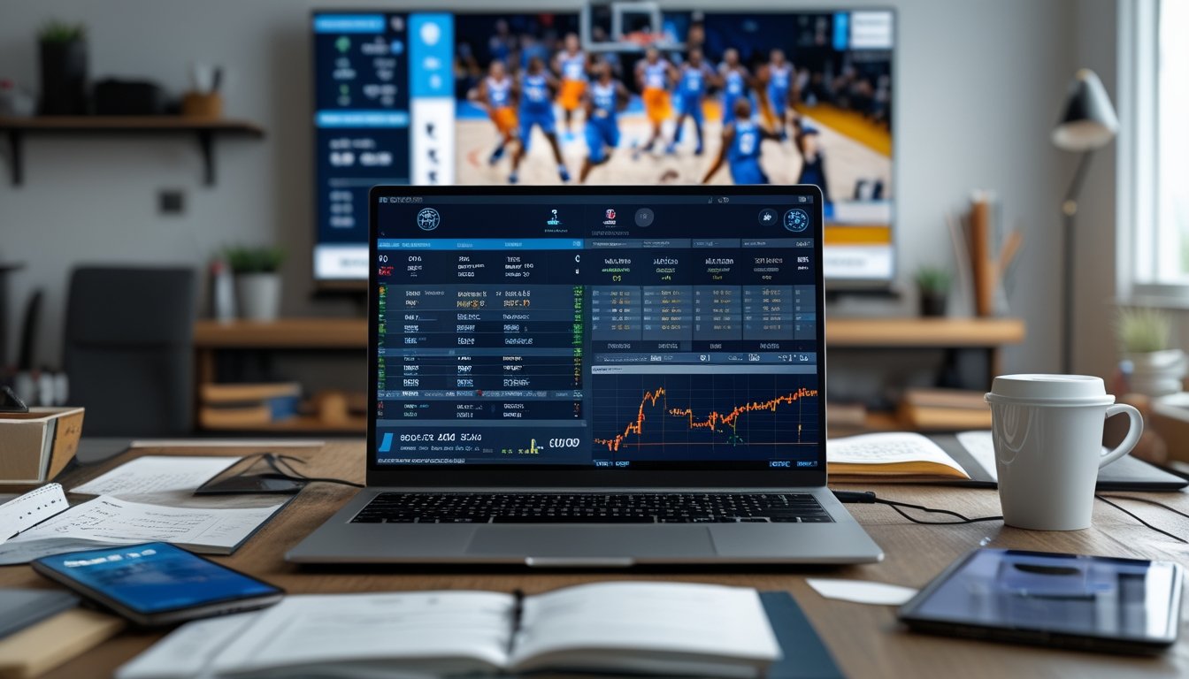 Seorang profesional sedang bekerja dengan laptop yang menampilkan statistik dan peluang taruhan NBA, dengan televisi yang menayangkan pertandingan NBA di latar belakang.