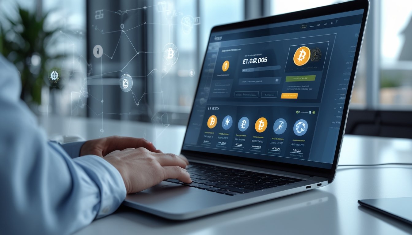 Seseorang menggunakan laptop dengan tampilan situs taruhan yang menampilkan opsi pembayaran kripto seperti Bitcoin dan Ethereum.