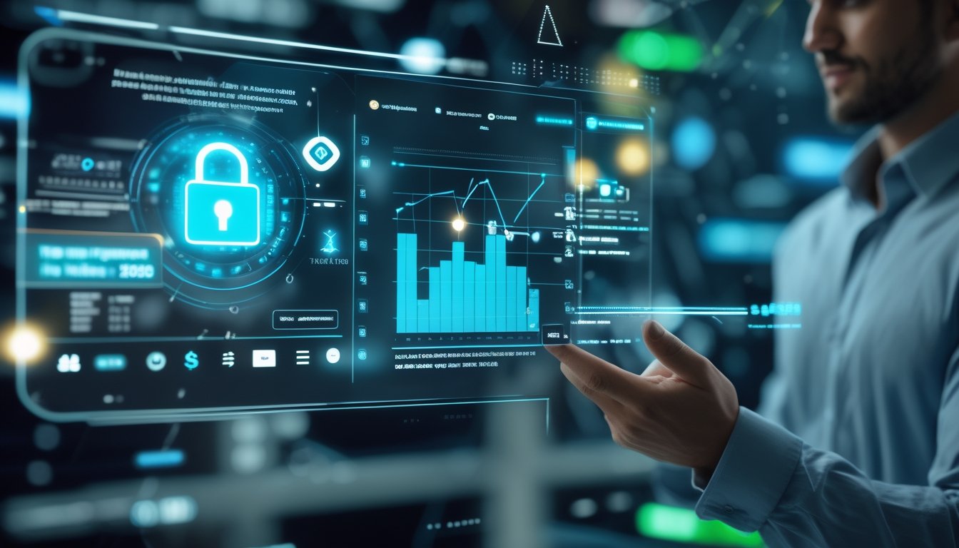 Seseorang menggunakan layar sentuh digital dengan simbol keamanan dan ikon cryptocurrency di latar belakang teknologi tinggi.