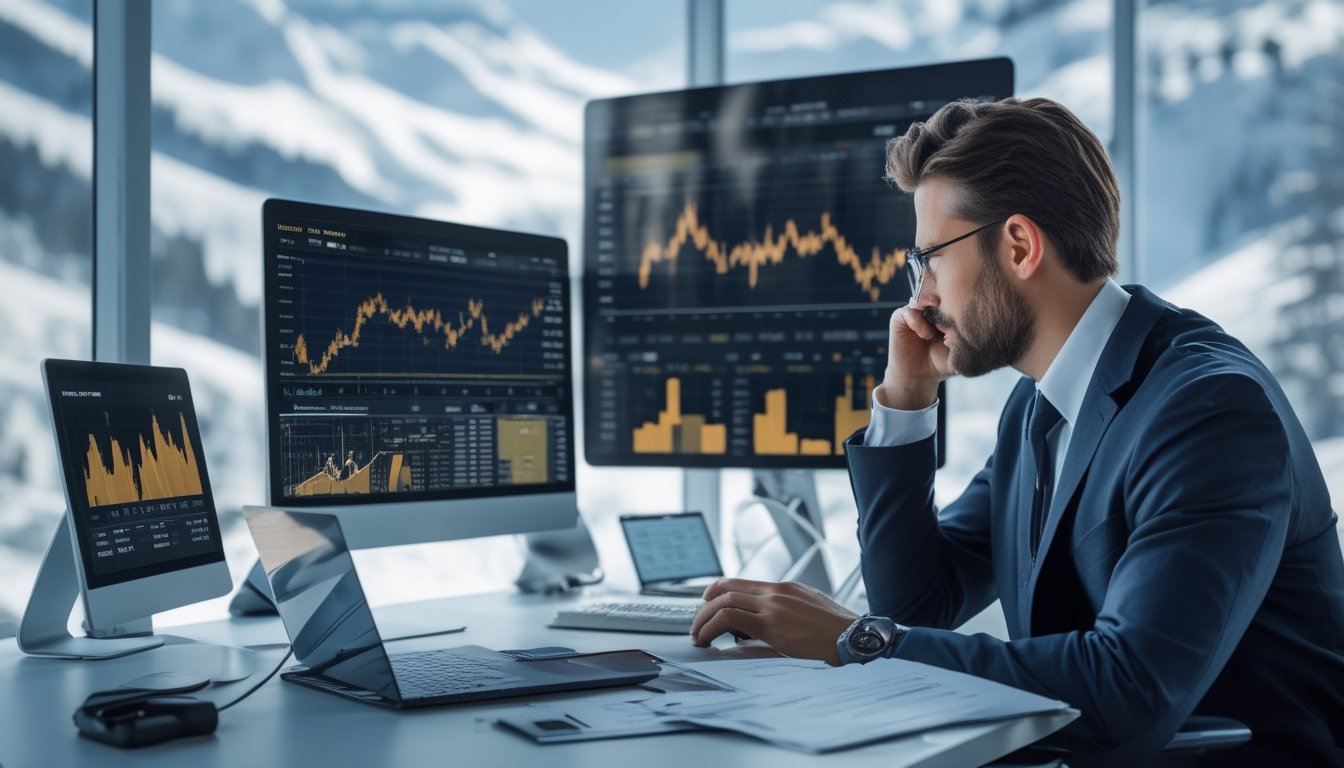 Seorang profesional sedang bekerja di depan beberapa layar digital yang menampilkan grafik dan gambar olahraga musim dingin, dengan latar belakang pegunungan bersalju dan peralatan olahraga musim dingin.
