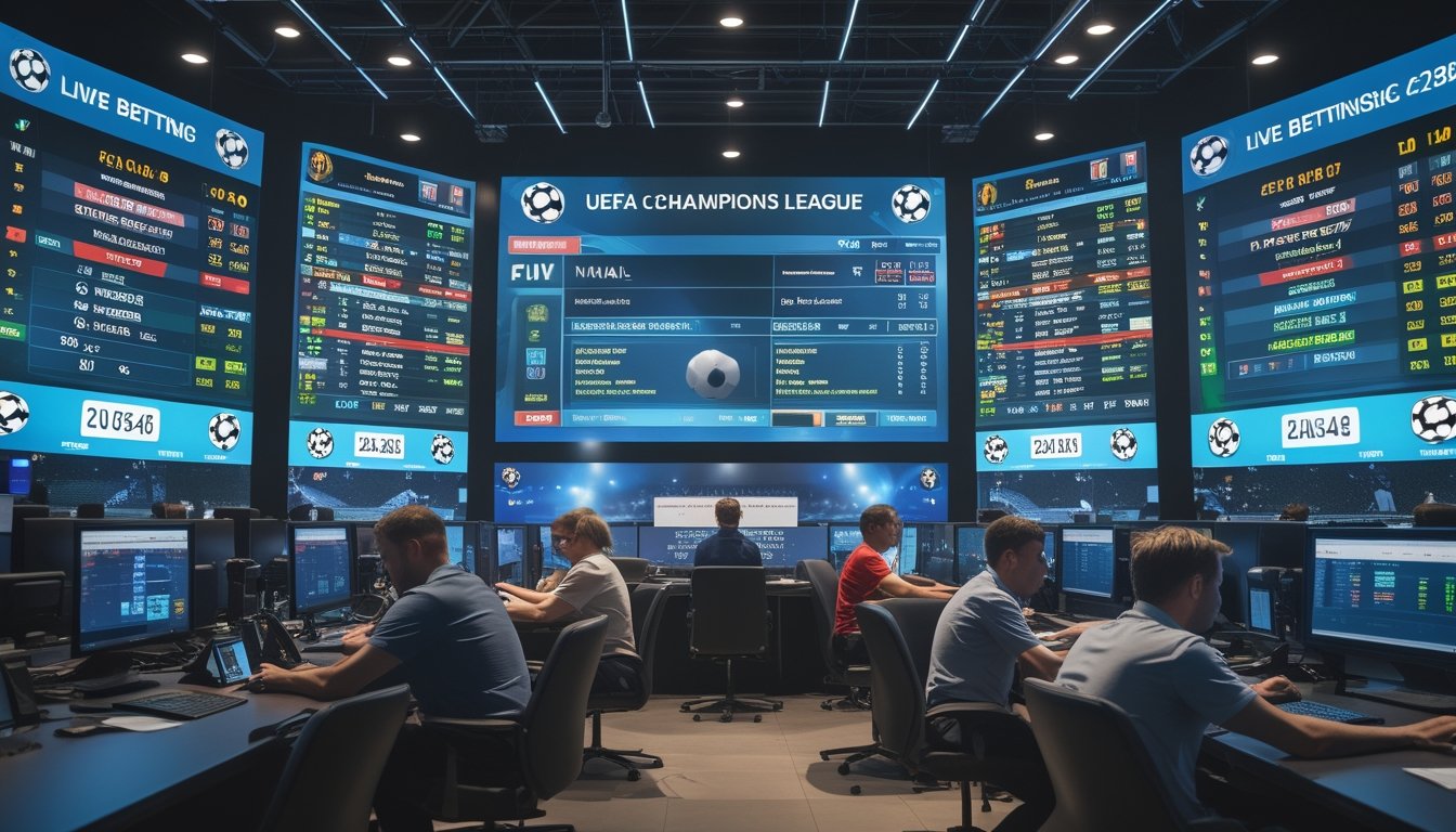 Orang-orang sedang bertaruh secara langsung pada pertandingan final Liga Champions dengan layar besar menampilkan statistik dan peluang taruhan.