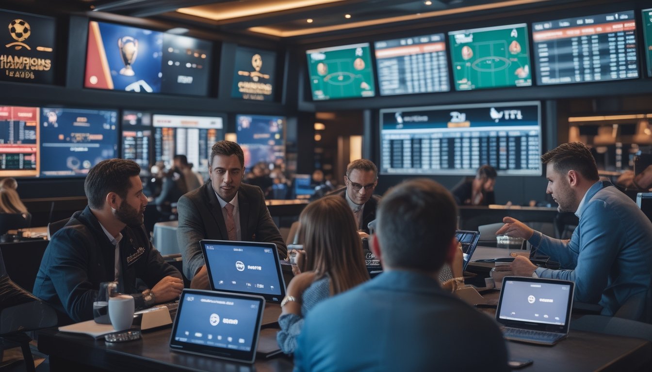 Orang-orang sedang melihat layar besar yang menampilkan pertandingan sepak bola dan data taruhan secara langsung di sebuah ruang taruhan modern.