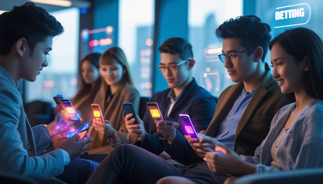 Beberapa orang muda menggunakan smartphone di ruang modern dengan latar kota futuristik, menunjukkan aktivitas bertaruh cepat melalui ponsel.