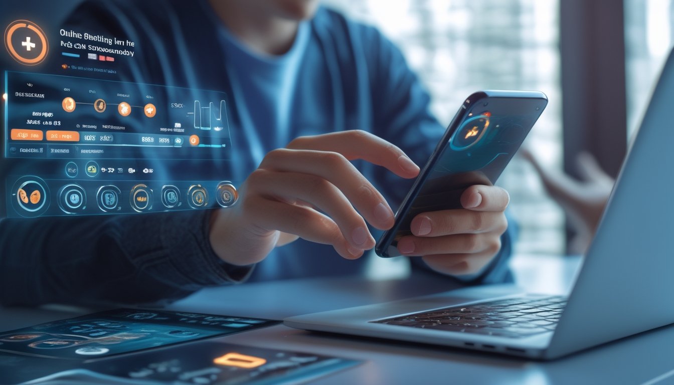 Seseorang menggunakan smartphone untuk bertaruh secara cepat dengan latar belakang teknologi digital yang modern.