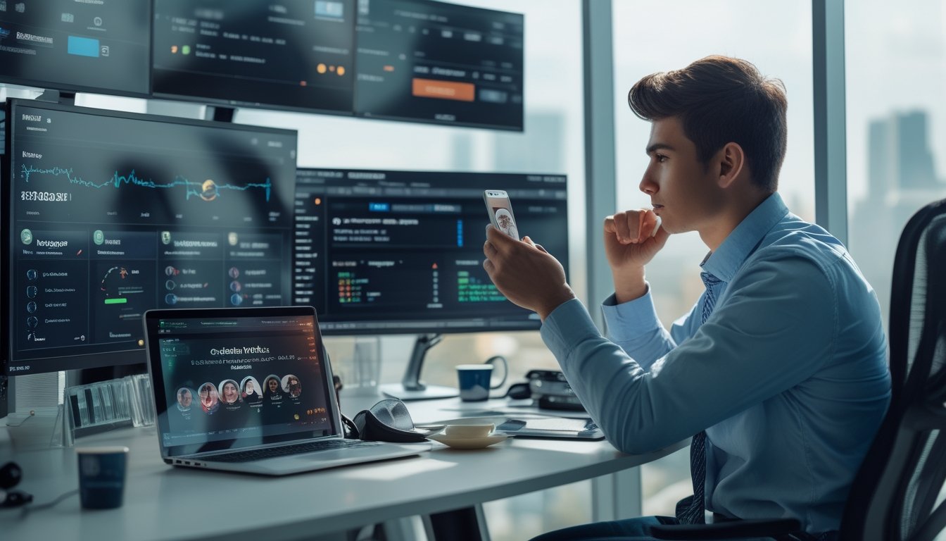 Seorang profesional muda duduk di meja kerja dengan beberapa layar komputer yang menampilkan data dan media sosial, menganalisis informasi dalam lingkungan kantor modern.