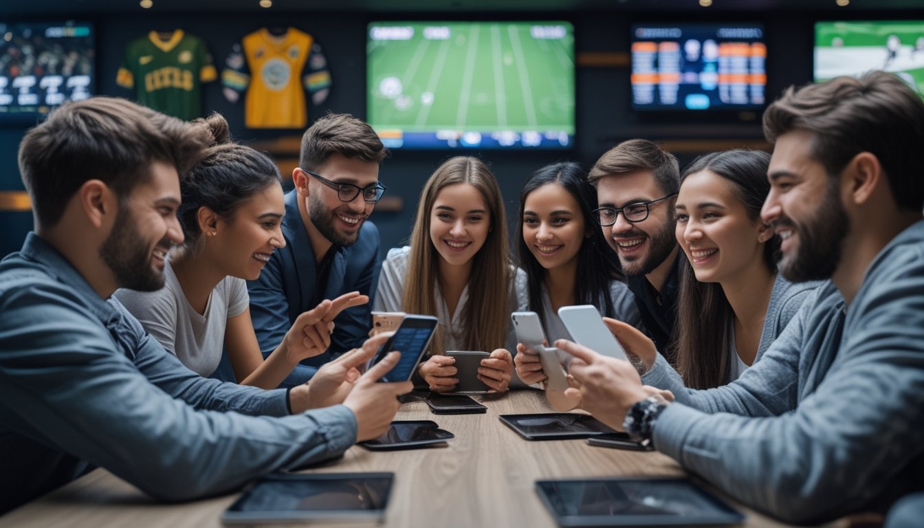 Sekelompok orang muda berkumpul di meja dengan perangkat digital, berbagi informasi dan menonton pertandingan olahraga bersama.