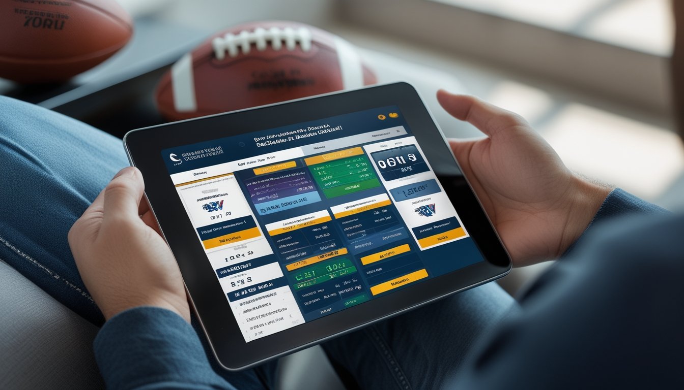 Seseorang memegang tablet yang menampilkan antarmuka taruhan olahraga untuk pertandingan American football Super Bowl LX dengan latar belakang bola dan helm football.