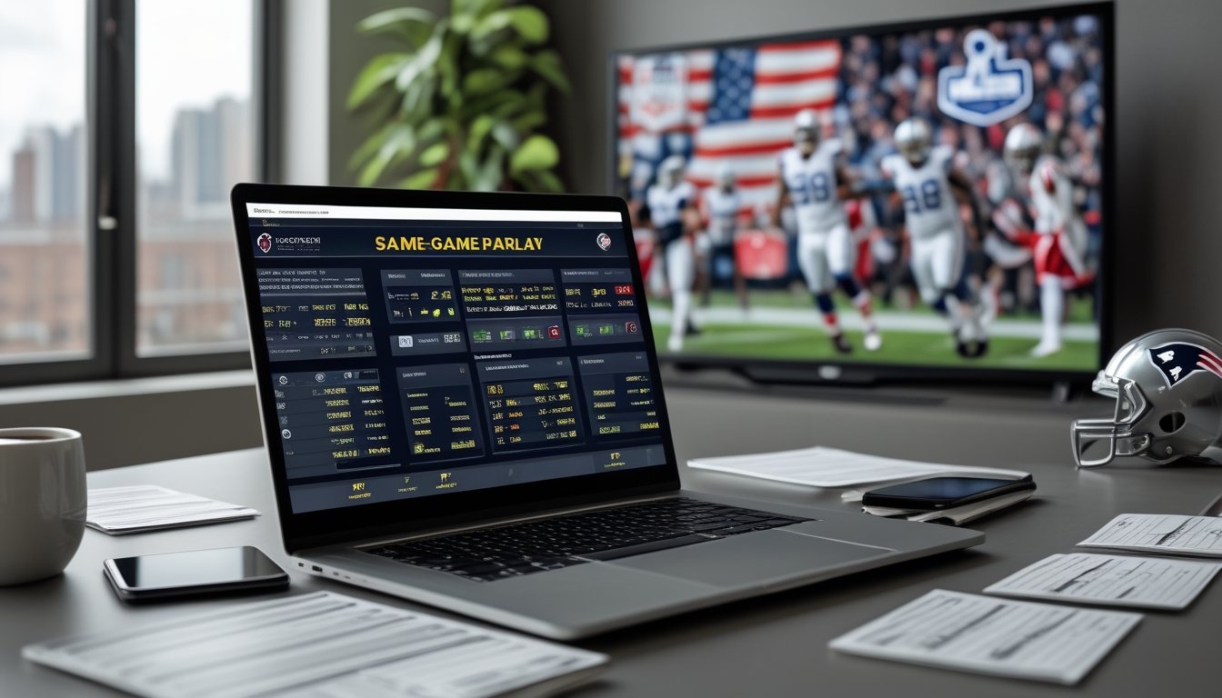Seorang pria di depan laptop dengan tampilan taruhan sepak bola Amerika, layar televisi menampilkan pertandingan Super Bowl, suasana kerja yang fokus dan strategis.