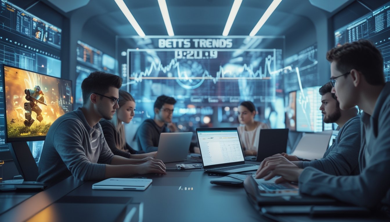 Sekelompok orang muda sedang menganalisis data taruhan esports di ruang kantor modern dengan layar komputer dan grafik digital.